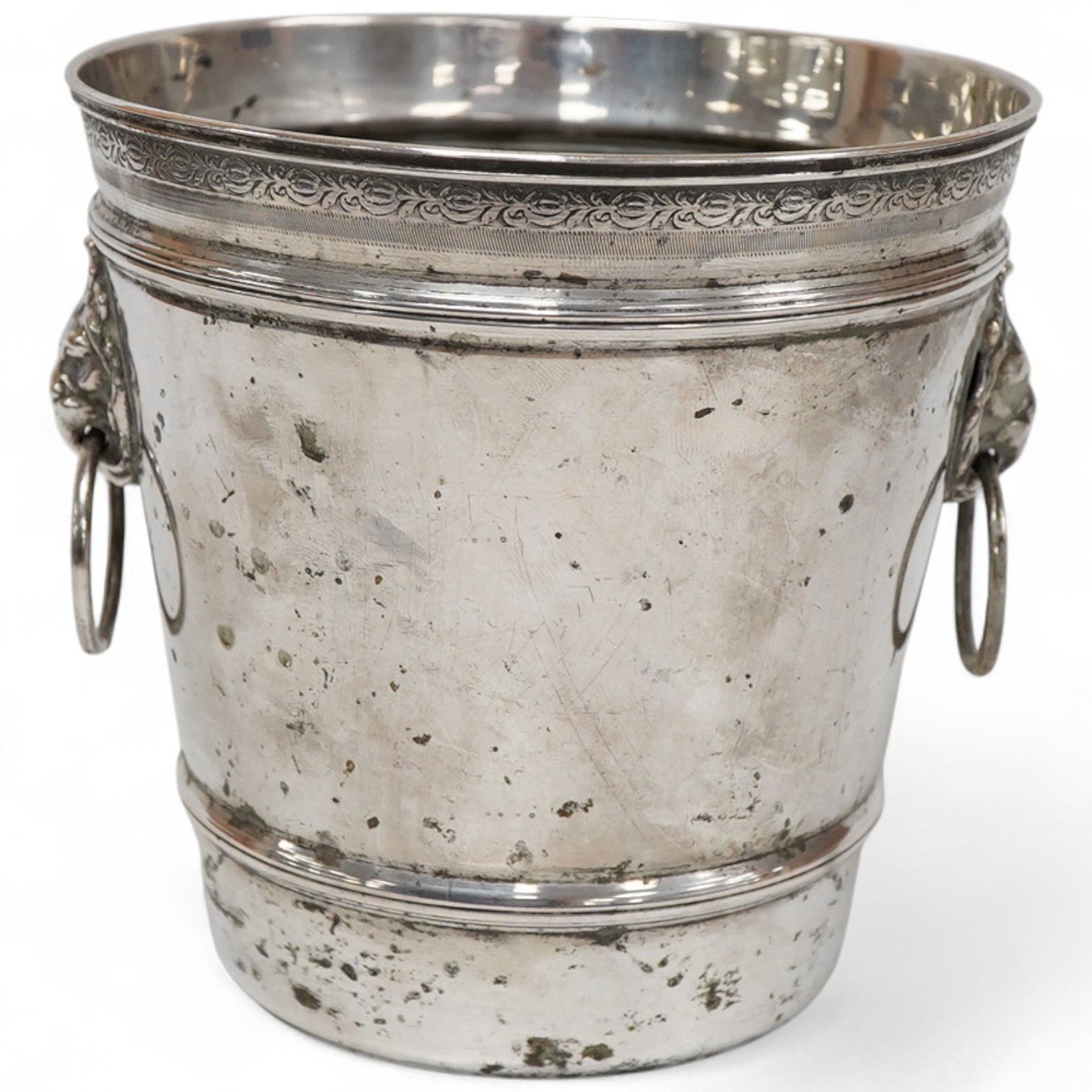 A continental 800 standard white metal ice bucket, with two lion mask and ring handles, height 12.9cm, 10.1oz.